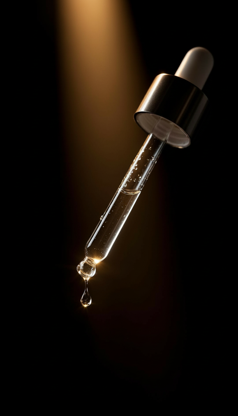 Glass dropper releasing a single serum droplet under warm light